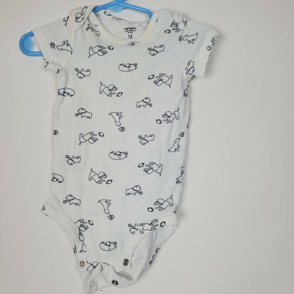 Carter's Baby Boy 12M Romper One Piece White Puppy Dogs Snap Bottom